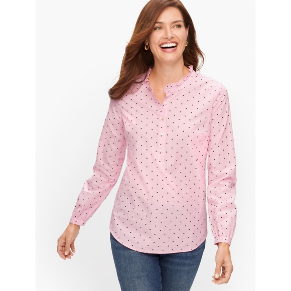 Talbots Cotton Feminine Popover Blouse Size 2XP Pink Polka Dot Preppy Office - Picture 1 of 8